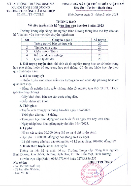 Thông báo tuyển sinh hệ vừa làm vừa học đợt 1 năm 2023